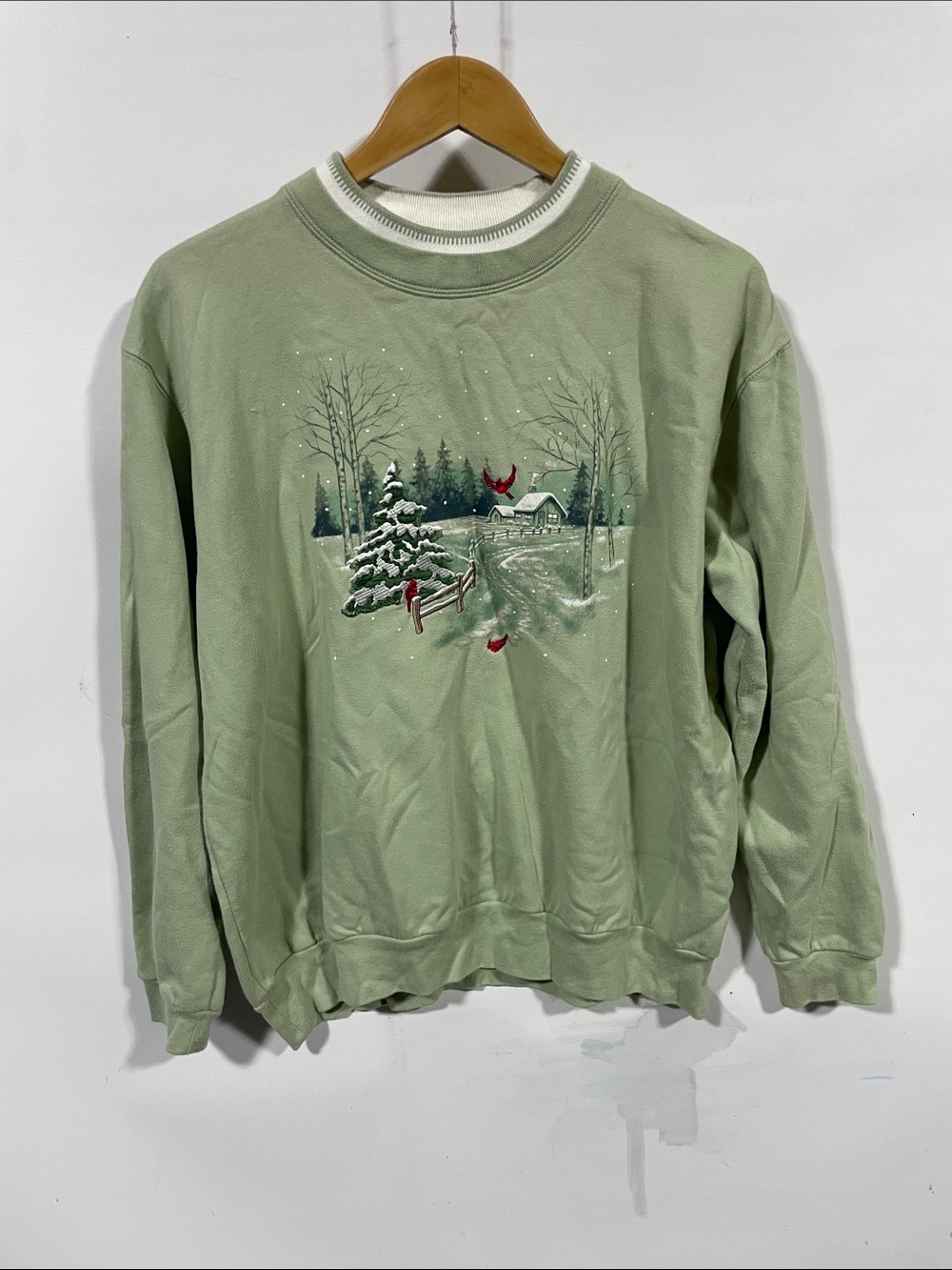 Sage Green Holiday Crewneck Sweatshirt with Winter Scene